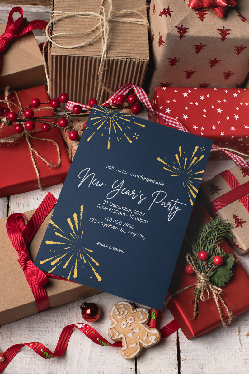 Load image into Gallery viewer, New Years Eve Party Invitation Template - Blue and Gold
