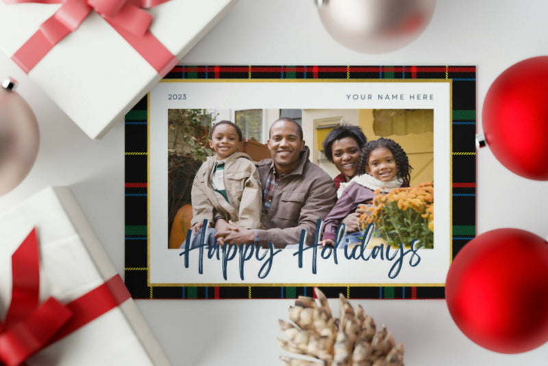Load image into Gallery viewer, Holiday Card Template Digital Download - 6x4 Green Plaid/White with Photo
