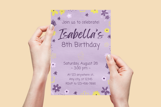 Birthday Invitation Template Digital Download - 5x7 Purple and Yellow