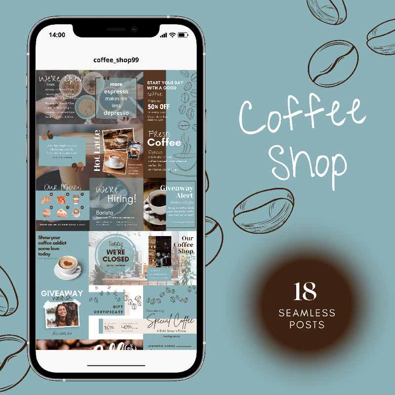 Load image into Gallery viewer, Coffee Shop/Cafe Seamless Instagram Template - Soft Blue &amp; Brown
