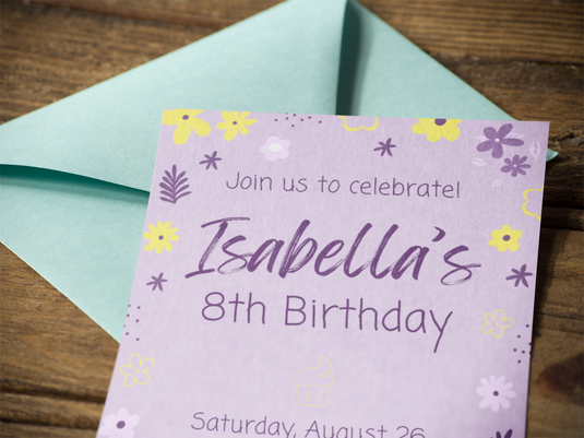 Birthday Invitation Template Digital Download - 5x7 Purple and Yellow