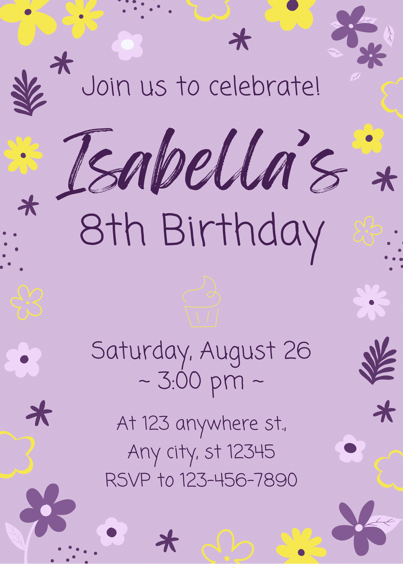 Load image into Gallery viewer, Birthday Invitation Template Digital Download - 5x7 Purple and Yellow
