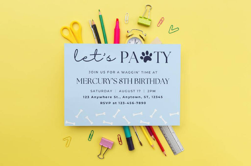 Load image into Gallery viewer, Dog Birthday Invitation - Blue with Bones Custom Template
